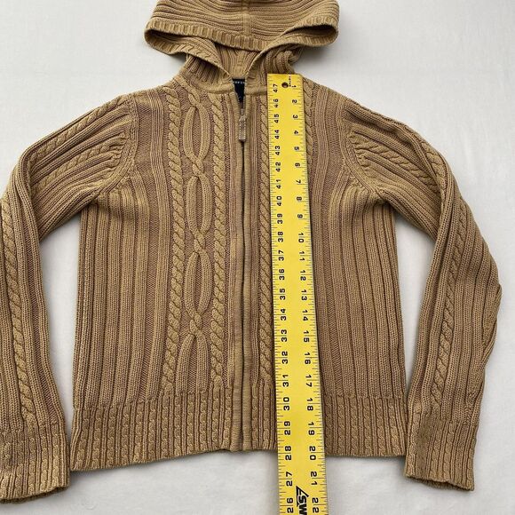 Lands End Sweater Full Zip Cable Knit Girls Large 14 Tan Hooded Cotton Ribbed - Picture 4 of 9